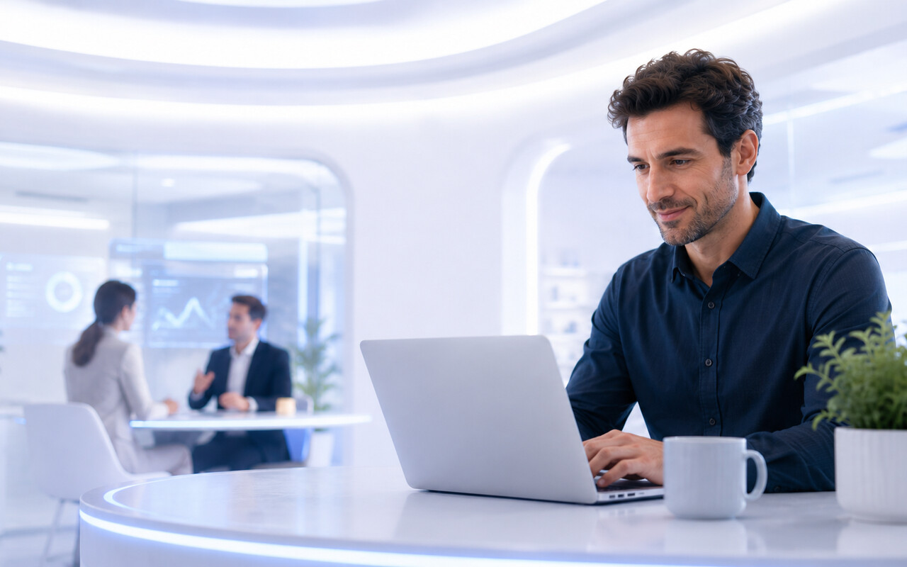 Sales professional practicing with Flex in a bright futuristic workspace