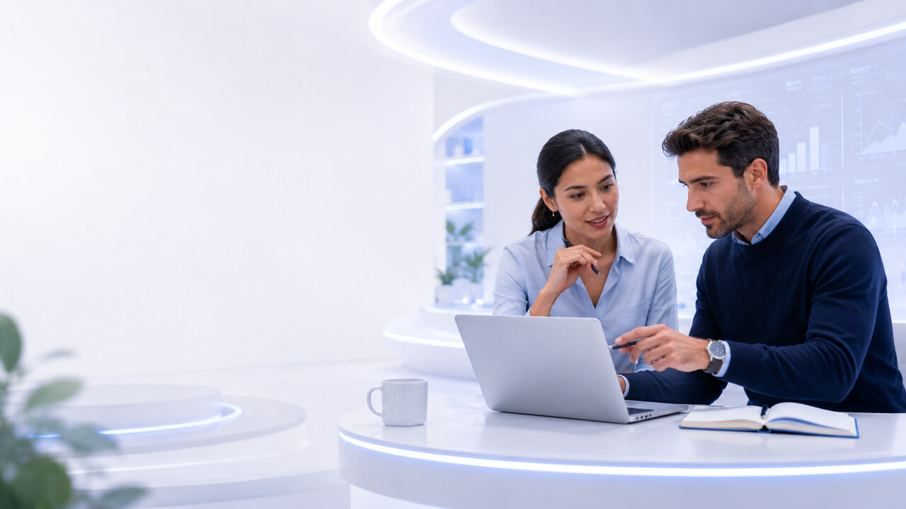 Two sales professionals collaborating in a sleek office