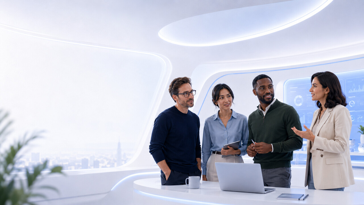 Sales team meeting in a futuristic office